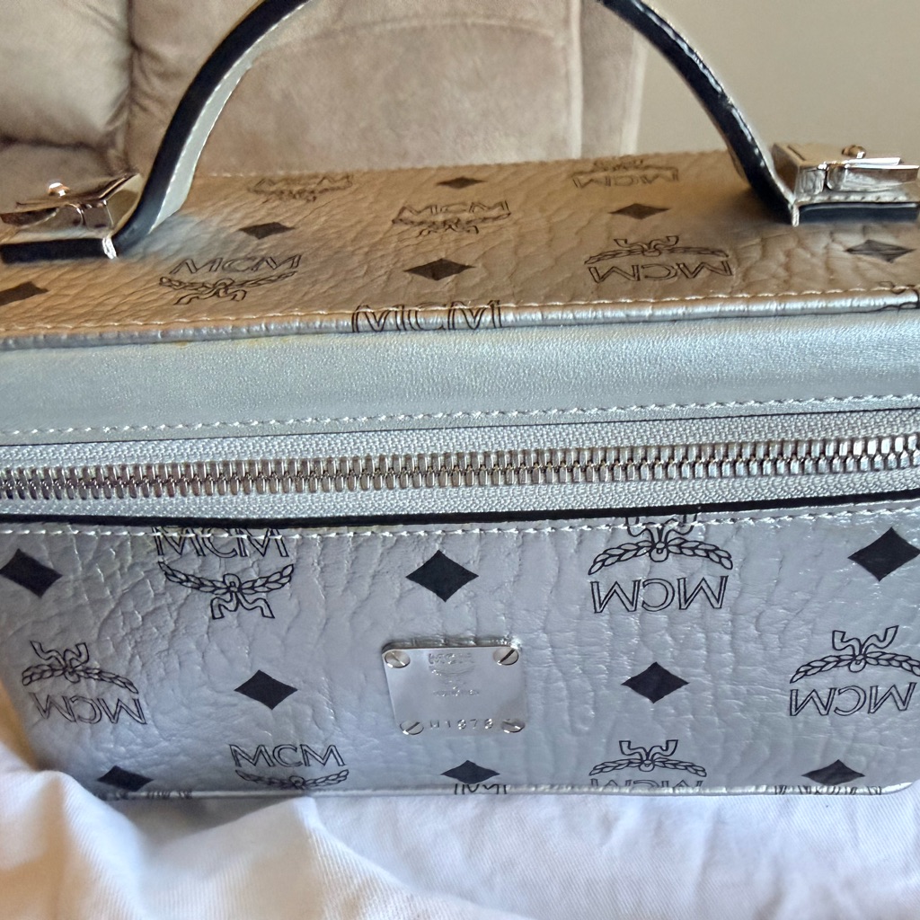 Mcm Silver Crossbody Vanity Bag With Black Logo Print